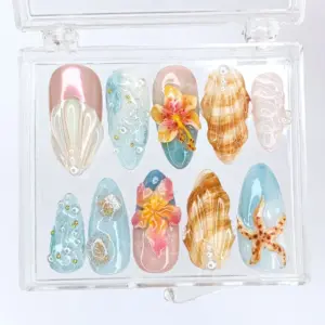 3D Hibiscus Conch Press On Nails Beach Shell Fake Nails 3
