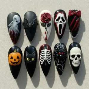 3D Horror Halloween Press On Nails skull ghost bat pumpkin skeleton spider scream black