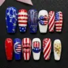 3D patriotic press on nails featuring lips art Uncle Sam hat fireworks rhinestone stars and USA flag stripes for 4th of July