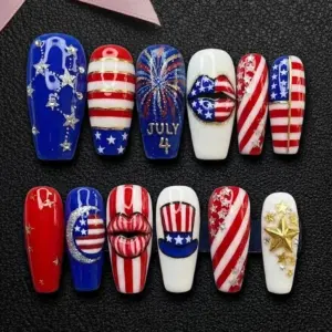 3D patriotic press on nails featuring lips art Uncle Sam hat fireworks rhinestone stars and USA flag stripes for 4th of July