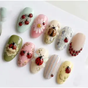 3D Ladybug Floral Press On Nails Cottagecore Spring Fake Nails