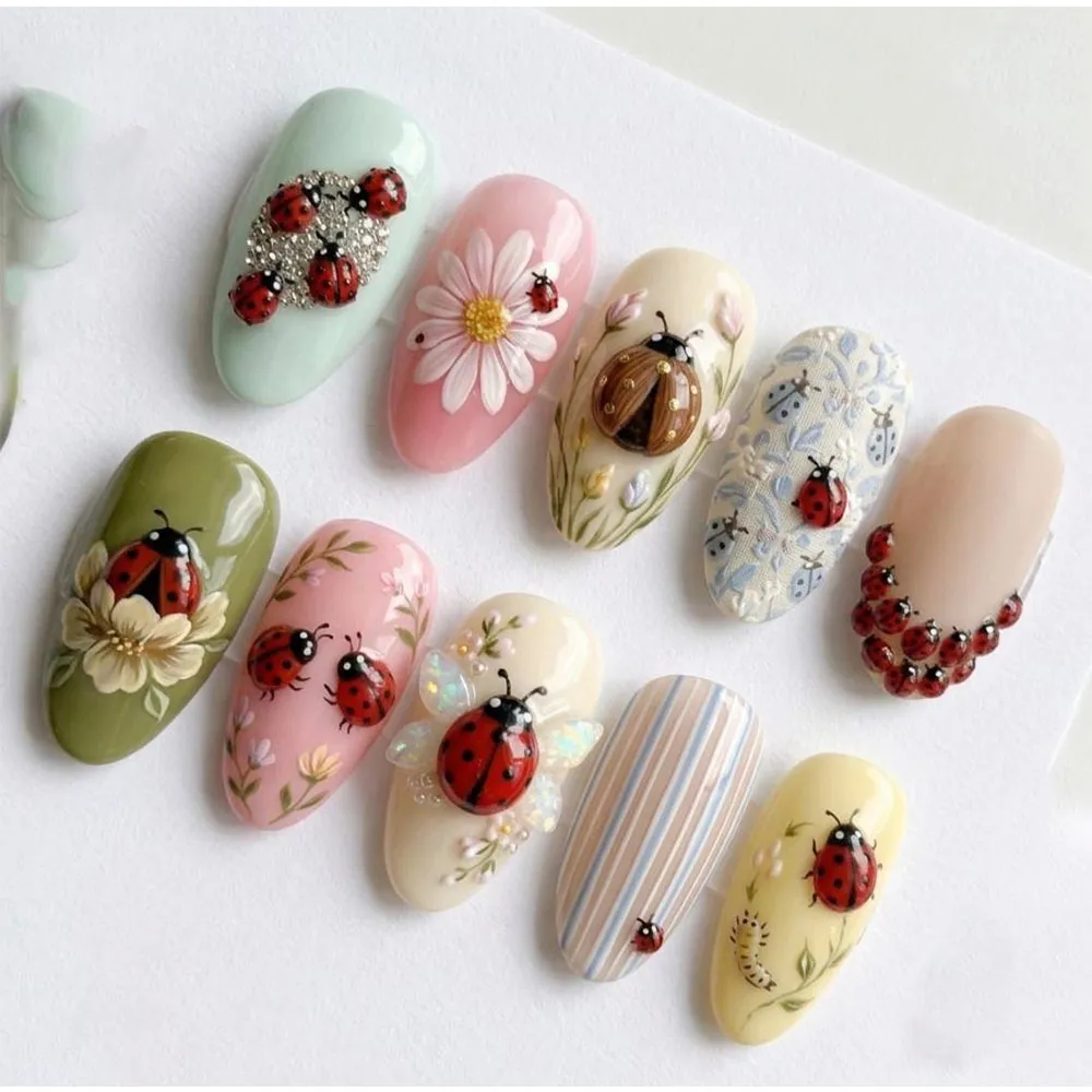 3D Ladybug Floral Press On Nails  Cottagecore Spring Fake Nails | SE29 - Image 2