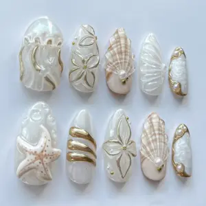 3D Pearl Shell Press On Nails White Gold Ocean Fake Nails 1
