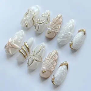 3D Pearl Shell Press On Nails White Gold Ocean Fake Nails 4