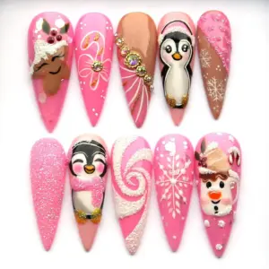 Pink Christmas press on nails with 3D hand-painted penguin characters, snowman, sleeping reindeer, white snowflakes, 3D snow swirl texture, AB rhinestones and hot pink glitter