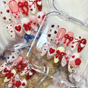 3D Rose Bow Lace Heart Press On Nails Valentine DAy