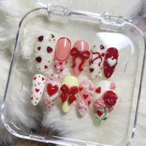 3D Rose Bow Lace Heart Press On Nails Valentine DAy 3