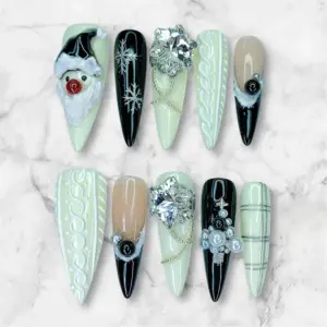 3D Santa Knit Press On Nails Black White Christmas Fake