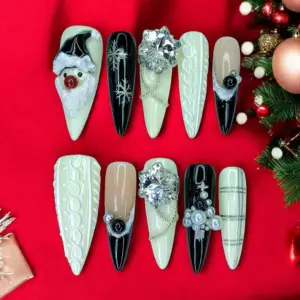 Black and white luxury Christmas press on nails with 3D Santa face, cable knit texture, oversized crystal diamond charms and silver snowflakes
