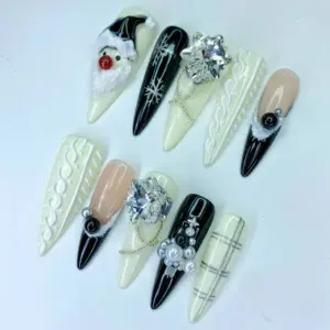 3D Santa Knit Press On Nails Black White Christmas Fake 3