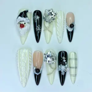 3D Santa Knit Press On Nails Black White Christmas Fake 4