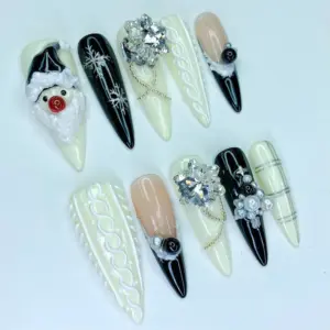 3D Santa Knit Press On Nails Black White Christmas Fake 5