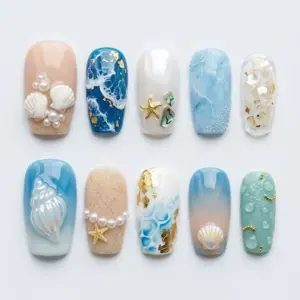 3D shell beach press on nails with ocean waves gold foil starfish pearl clusters abalone and water droplet textures