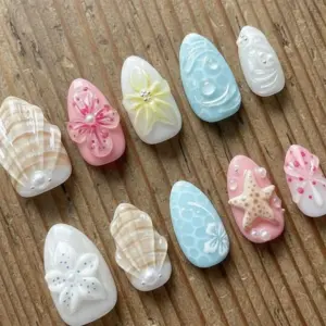 3D Shell Starfish Press On Nails Pastel Ocean Fake Nails 2