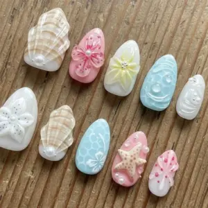3D Shell Starfish Press On Nails Pastel Ocean Fake Nails 3