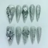 3D silver chrome floral and butterfly press on nails on sage grey pearl base