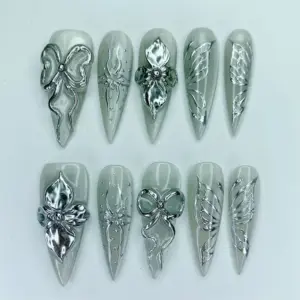 3D silver chrome floral and butterfly press on nails on sage grey pearl base