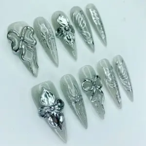 3D Silver Floral Press On Nails Chrome Butterfly Fake Nails 3