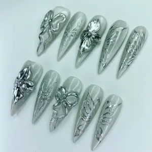 3D Silver Floral Press On Nails Chrome Butterfly Fake Nails 4