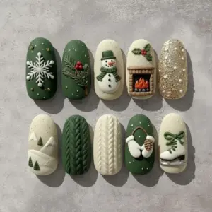 Cozy Christmas press on nails with 3D snowman, fireplace, pine branch, cable knit texture, ice skate charm, mittens and snowy landscape in matte green and cream