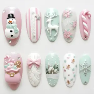 Pastel pink and mint green 3D Christmas press on nails with snowman, reindeer, Santa gift sack, pink bow, candy cane, poinsettia flowers, snowy village scene and gingerbread man charms