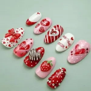 3D Strawberry Bow Sweetheart Press On Nails 1
