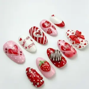 3D Strawberry Bow Sweetheart Press On Nails 2