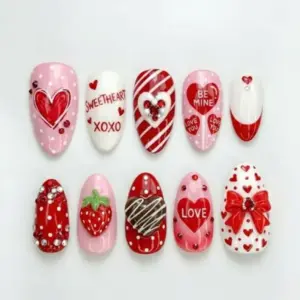 3D Valentine's Day press on nails with strawberry charm, red bow, sweetheart XOXO, candy cane stripes, chocolate heart and rhinestone details in red and pink