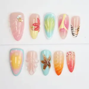 3D summer beach hand-painted Y2K press on nails colorful fake nails