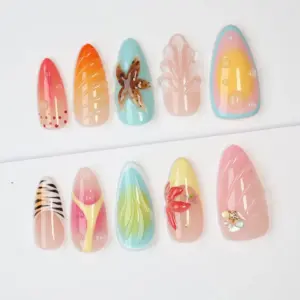 3D Summer Beach Press On Nails Hand Painted Y2K Fake Nail 4