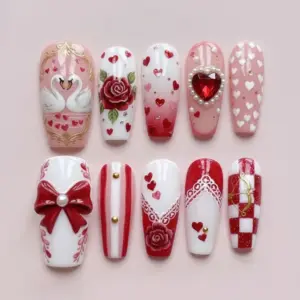 Luxury Valentine's Day press on nails with hand-painted swans, 3D rose, red gem heart pearl crown, satin bow, lace trim, checker glitter and gold cupid arrow in red white and pink