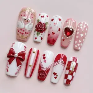 3D Swan Rose Bow Press On Nails Luxury Valentine Fake Nails 2