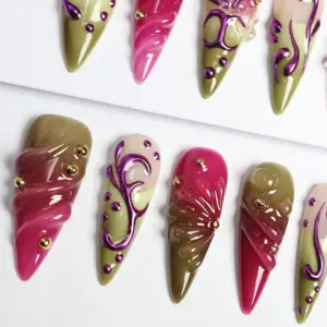 3D Swirl Press On Nails Green Jelly Y2K Fake Nails 1