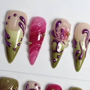 3D Swirl Press On Nails Green Jelly Y2K Fake Nails 2