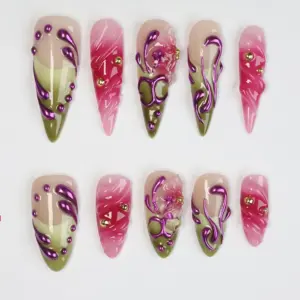 3D swirl green jelly Y2K stiletto press on nails fake nails