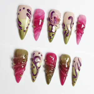 3D Swirl Press On Nails Green Jelly Y2K Fake Nails 4