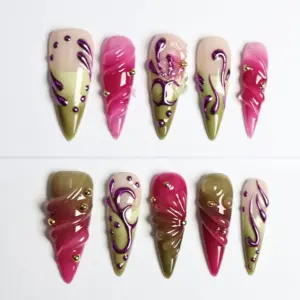 3D Swirl Press On Nails Green Jelly Y2K Fake Nails 5