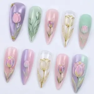 3D Tulip Press On Nails Gold Pastel Aurora