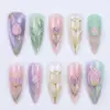 3D Tulip Press On Nails | Gold Pastel Aurora Spring Fake Nails | SE39 2 3D tulip press on nails with aurora shimmer bases, gold metallic outlined glass tulip, sculpted pink tulip, botanical painted tulip and pastel ombre in purple pink mint for spring