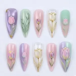3D tulip press on nails with aurora shimmer bases, gold metallic outlined glass tulip, sculpted pink tulip, botanical painted tulip and pastel ombre in purple pink mint for spring