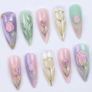 3D Tulip Press On Nails Gold Pastel Aurora 3