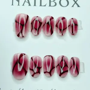 Burgundy marble press on nails with white vein abstract art on deep wine and dusty rose base
