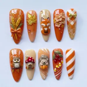 3D Autumn Charm Press On Nails | Fall Fox Owl Hedgehog Fake Nails | SE10