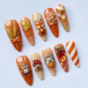 3d autumn charm fox owl press on nails 2