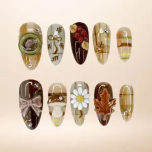 3D Cottagecore Press On Nails | Brown Mushroom Daisy Maple Fake Nails | SE14