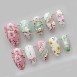 3d floral bird cage press on nails bow spring 2