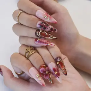 3d floral gold swirl red pink press on nails 1
