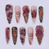 3d floral gold swirl red pink press on nails 2