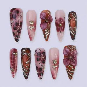 3D Floral Gold Swirl Press On Nails | Red Pink Butterfly Fake Nails | SE04