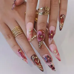3d floral gold swirl red pink press on nails 3